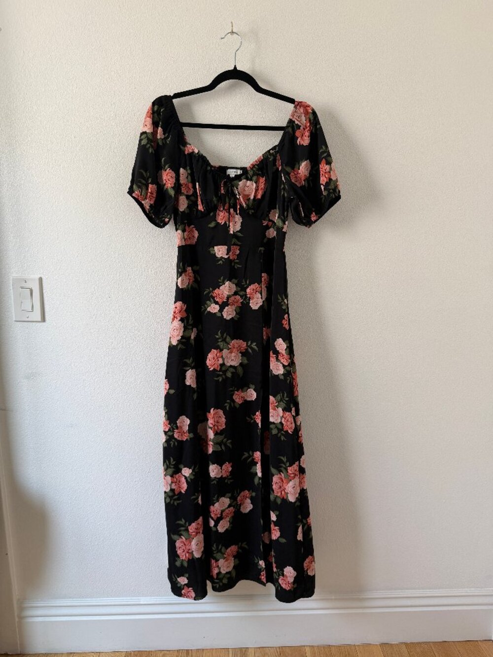 Baltic Born Black Floral Maxi Dress, Ruched Front, Flirty Front Slit